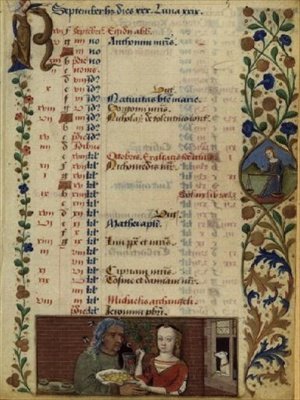 Ms lat 1173 f.5 9月;チャールズダングレームの時間、1480年頃の果物を持つ2人の人物 作： Robinet Testard